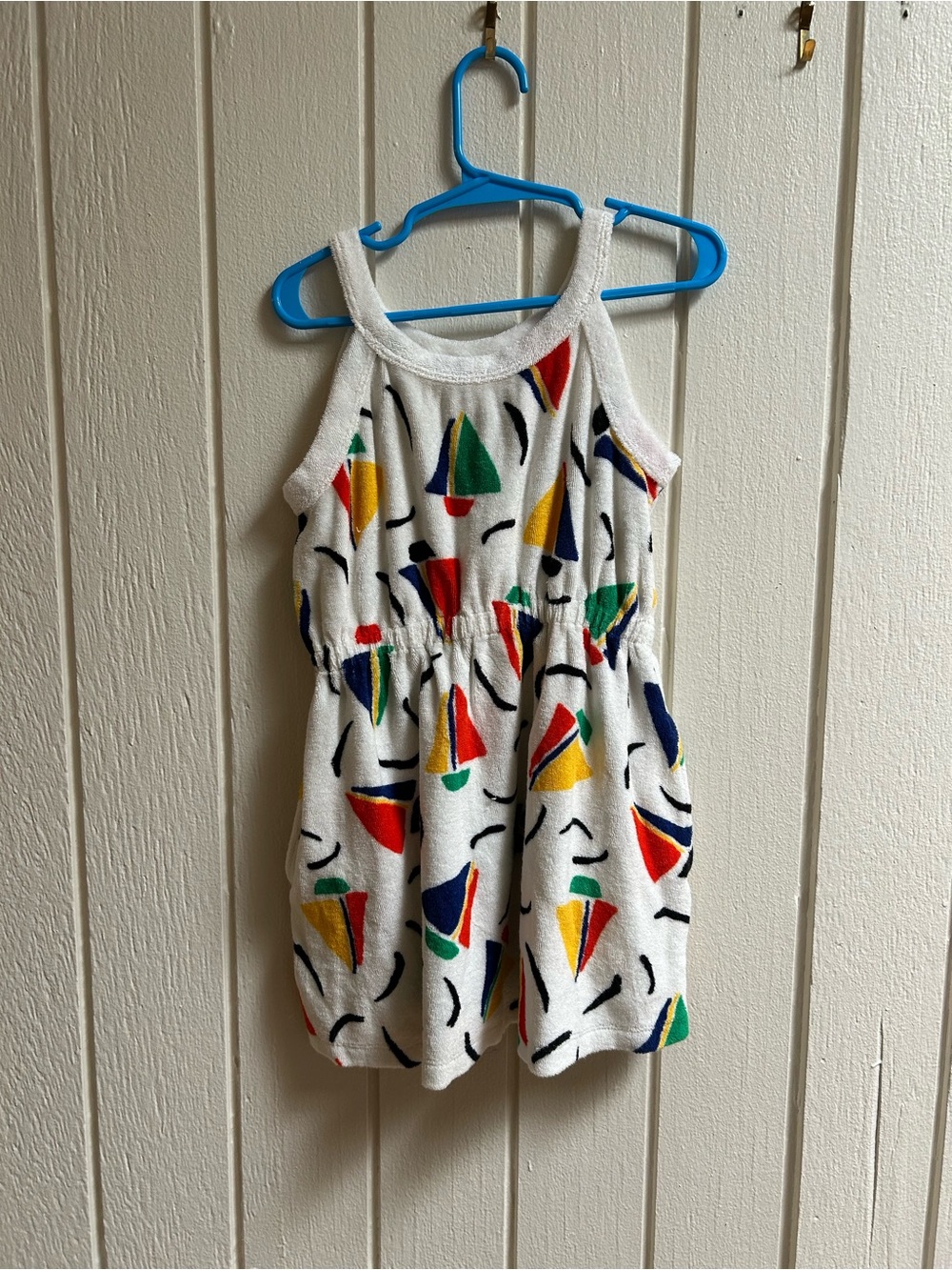 Hanna Andersson White Terry Sundress with Red, Yellow, Green, Blue Sailboatd